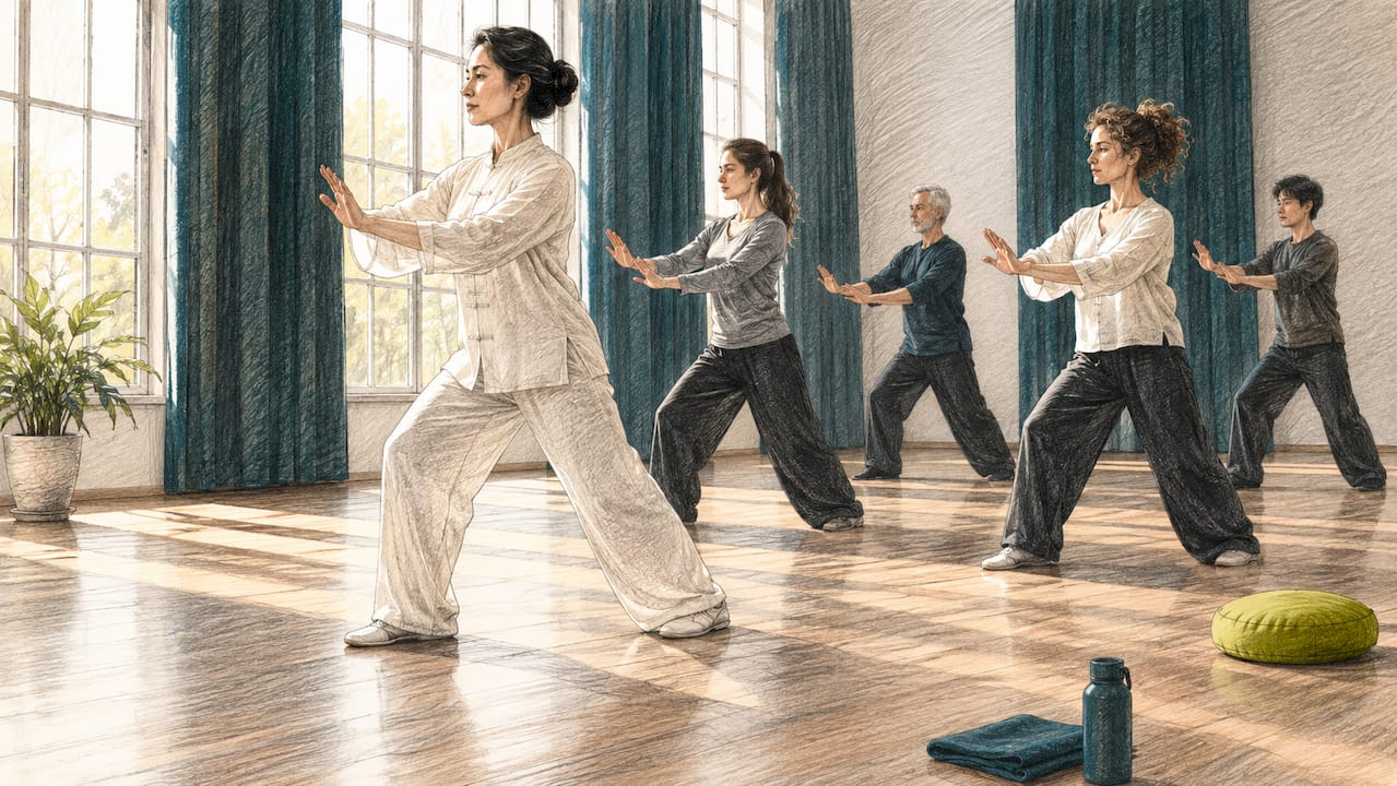 Qigong class practicing slow movements