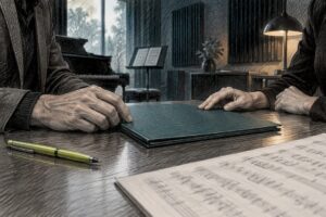 Hands reviewing a meditation music licence agreement