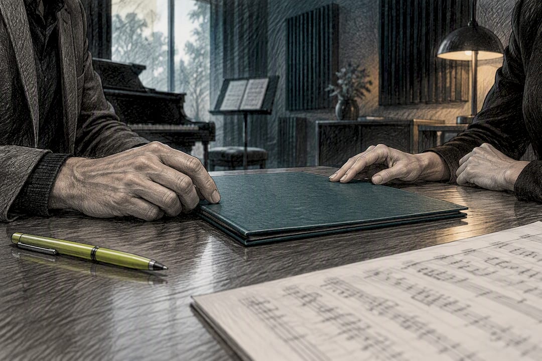 Hands reviewing a meditation music licence agreement