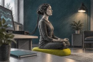 Meditator wearing EEG cap in quiet lab