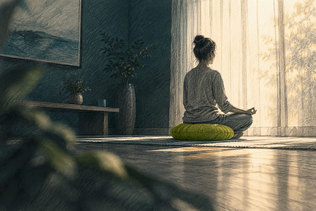 Person meditating in a calm music listening space