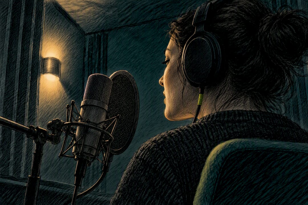 Narrator recording meditation audio in vocal booth