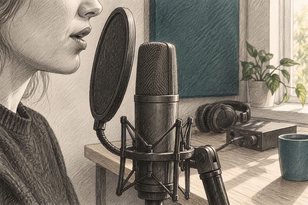 Condenser microphone positioned for meditation narration