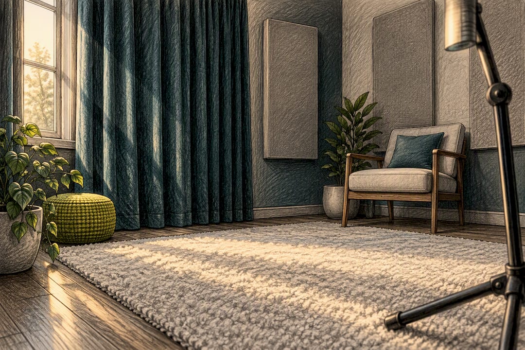 Curtains and panels treating recording room acoustics