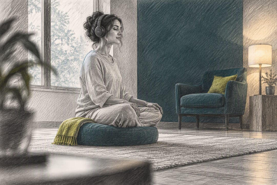 Praktizierender beim Hören während einer 963-Hz-Meditationssitzung