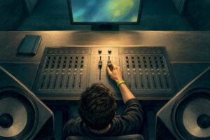 Engineer adjusting stereo balance in listening room