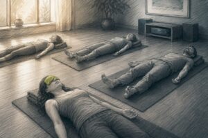 Group practicing yoga nidra with orchestral music