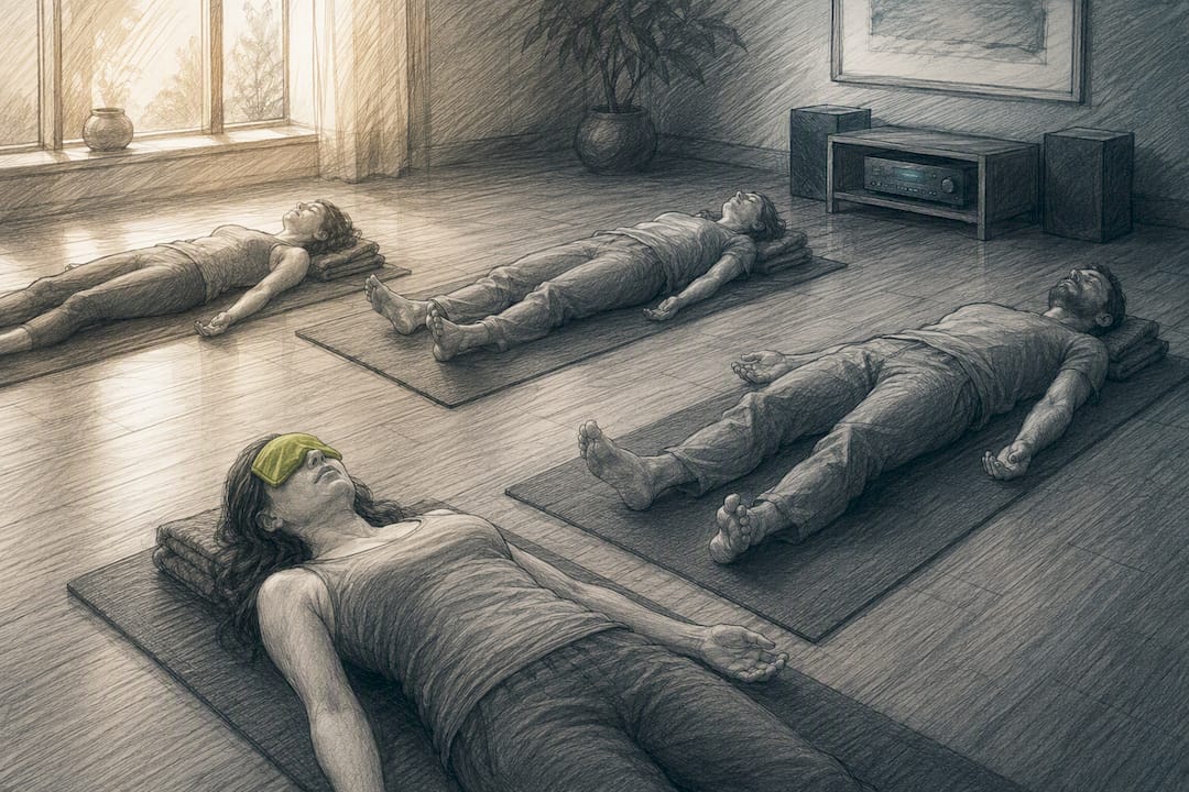Group practicing yoga nidra with orchestral music