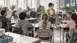Teacher guiding pupils through classroom listening