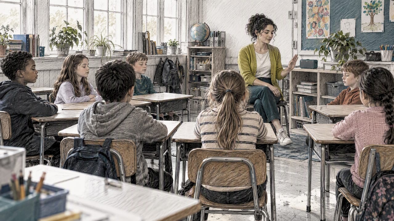 Teacher guiding pupils through classroom listening