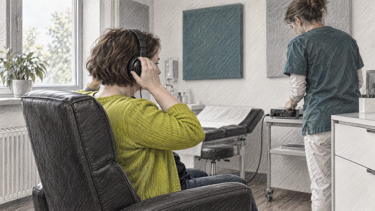 Listener using headphones during migraine audio session