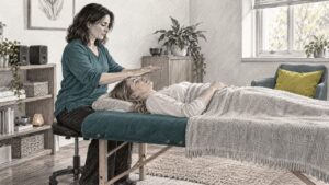 Reiki practitioner conducting calming client session