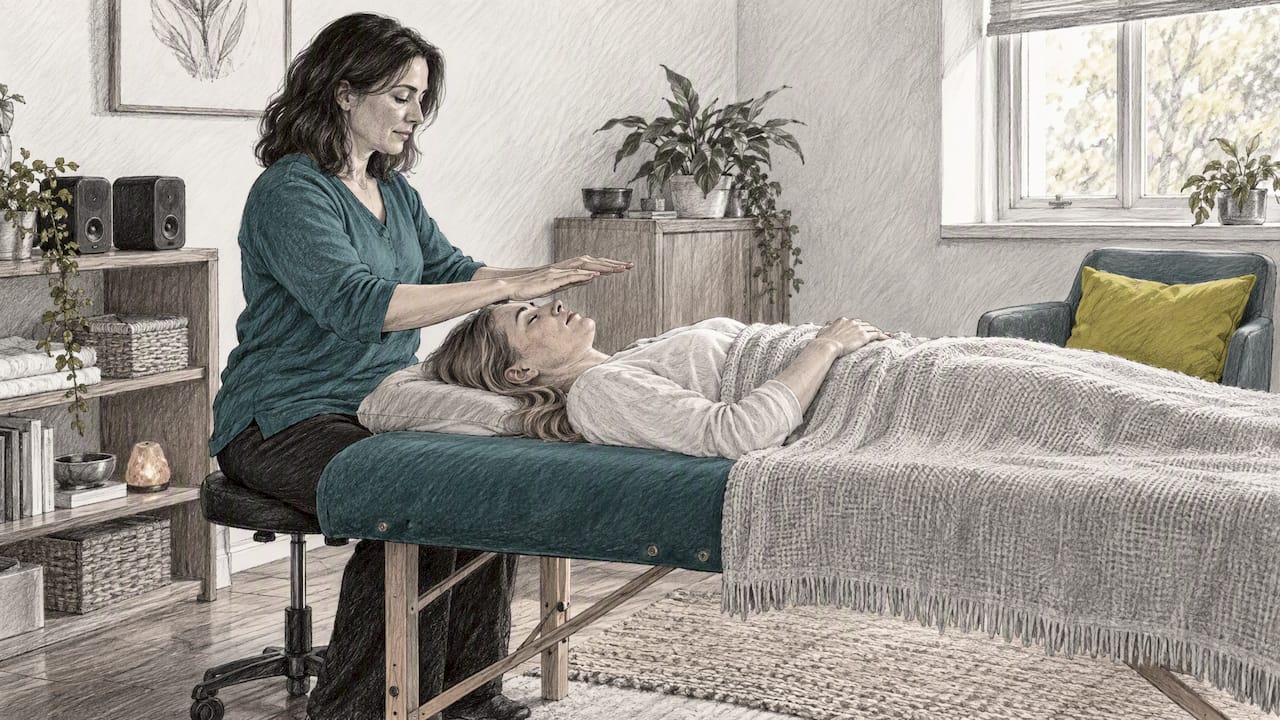 Reiki practitioner conducting calming client session