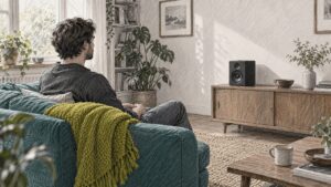 Person listening to speaker without headphones