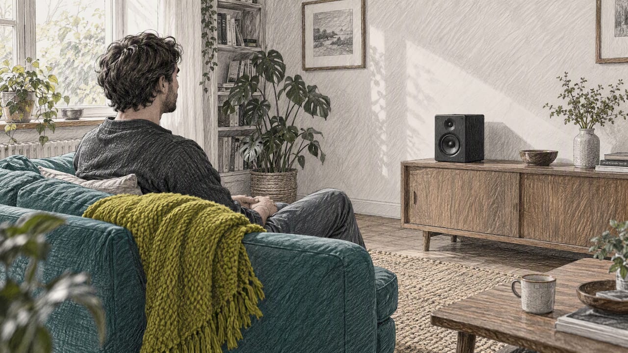 Person listening to speaker without headphones