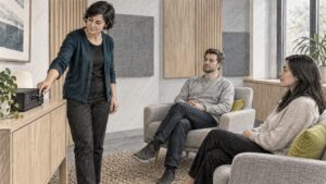Employees listening to orchestral wellness music