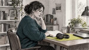 Reader testing focus with headphones nearby