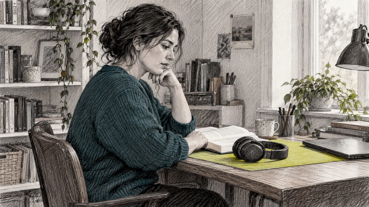Reader testing focus with headphones nearby