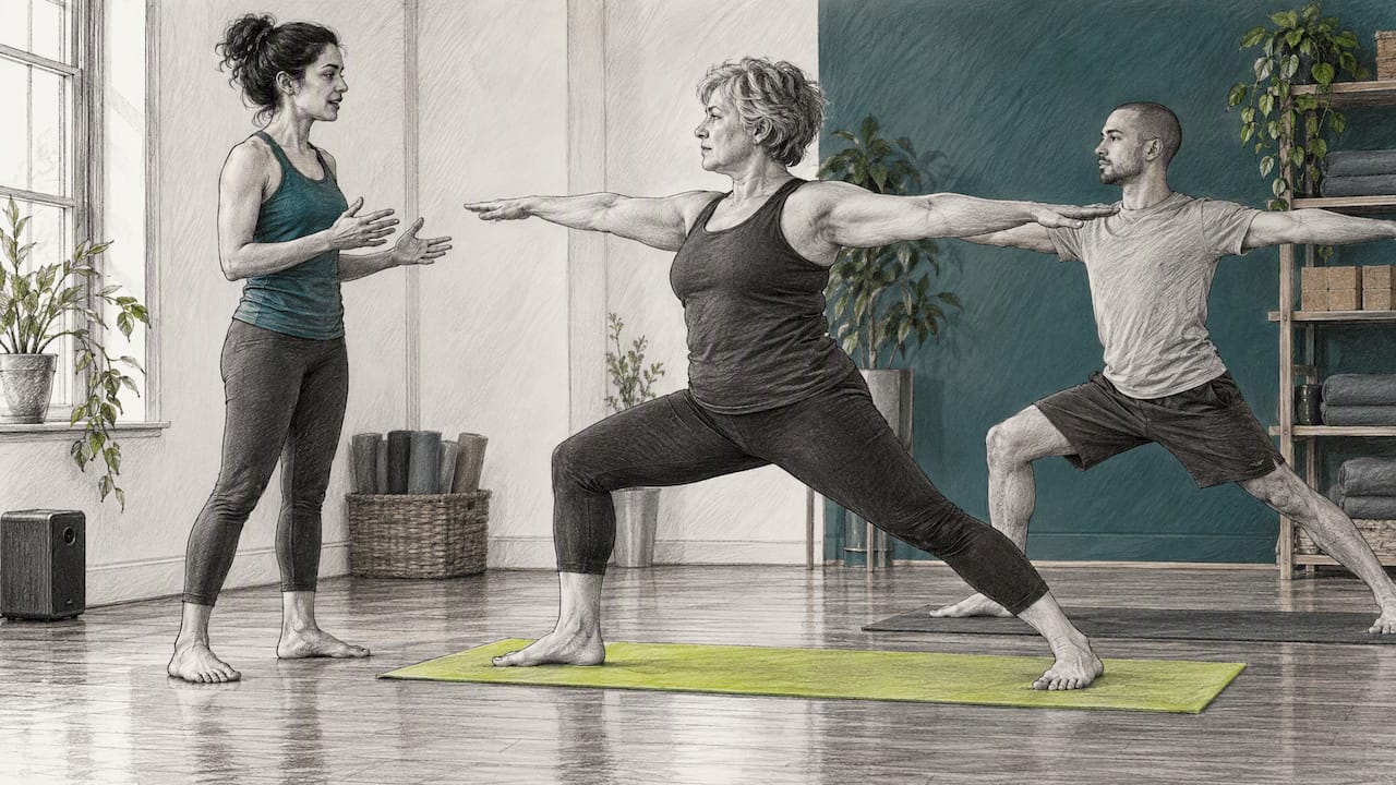 Trainee instructor cues peers through a yoga transition