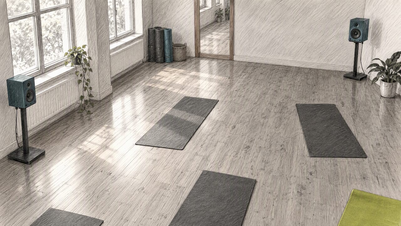 Yoga Teacher Training Music: Six Phases, Fewer Cue Clashes 2 Speakers positioned on different sides of yoga studio