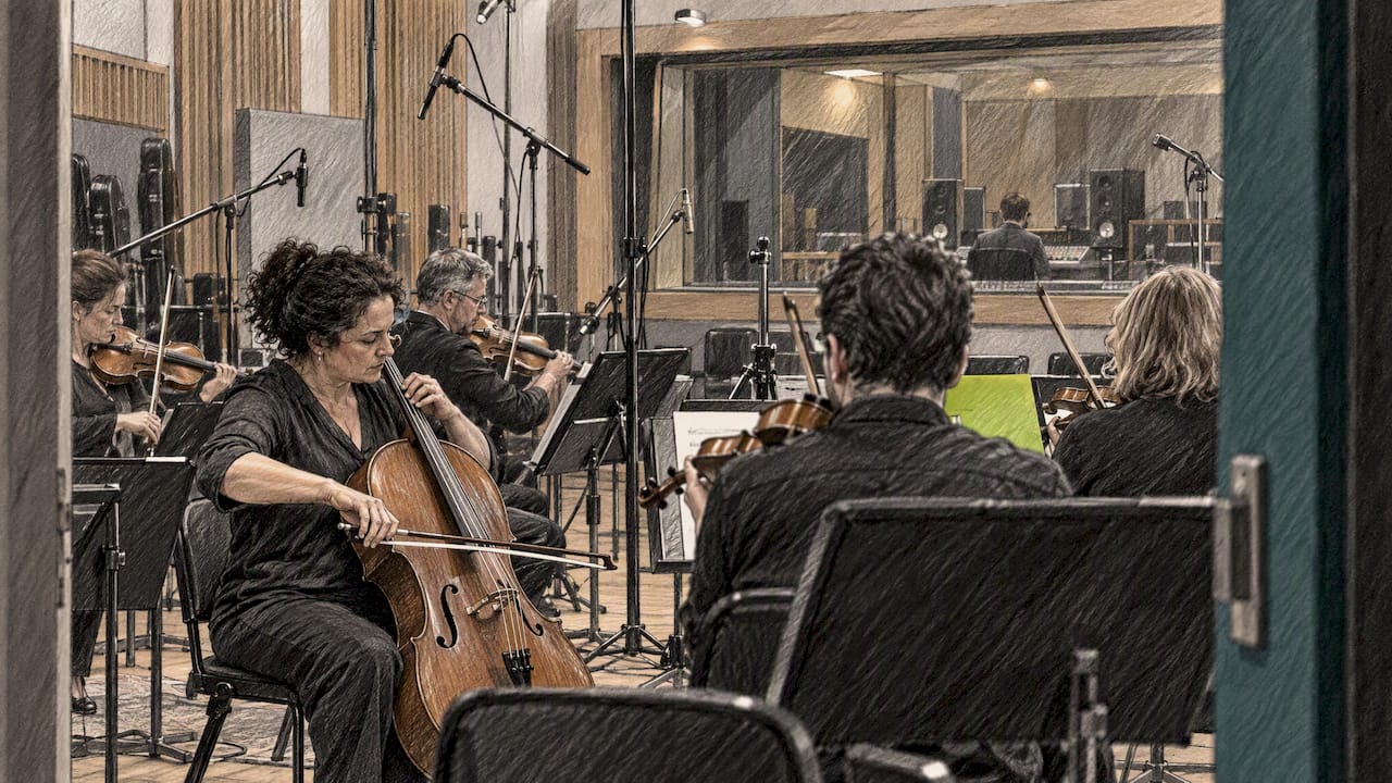 Orchestra recording meditation music in studio