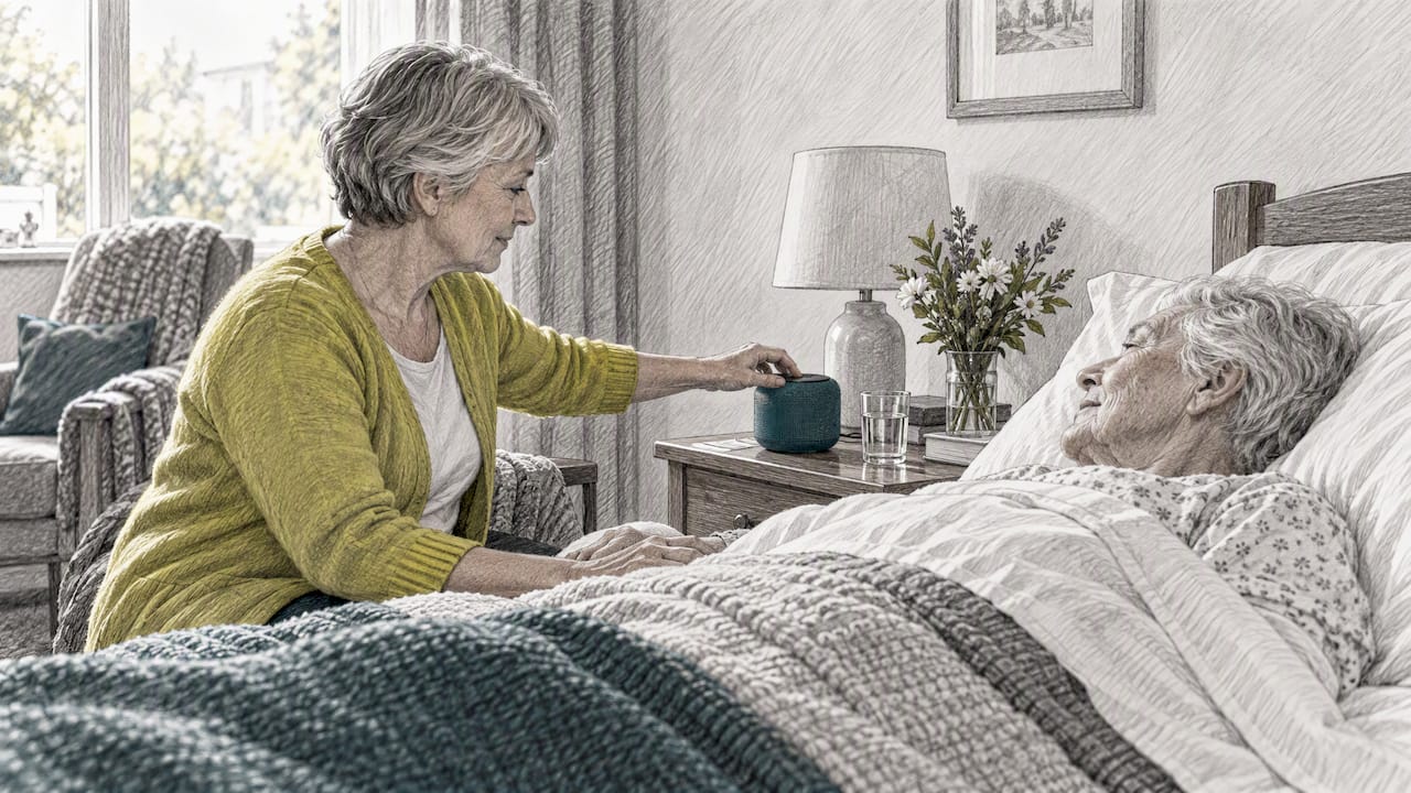 Caregiver starts music beside hospice patient