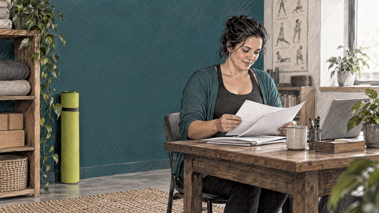Yoga teacher reviewing music licence paperwork