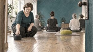 Teacher starts music before a meditation class