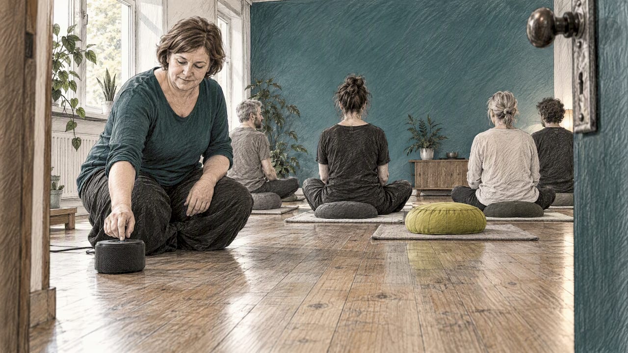 Teacher starts music before a meditation class