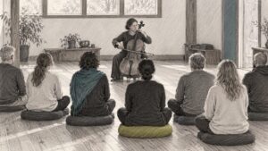 Retreat participants listen to a cellist