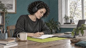 Woman listening to music while taking notes