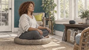 Woman listening to music during meditation