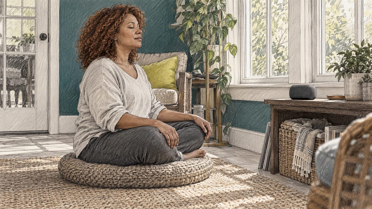 Woman listening to music during meditation