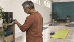 Yoga teacher adjusts studio speaker volume