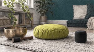 Singing bowl and speaker beside meditation cushion