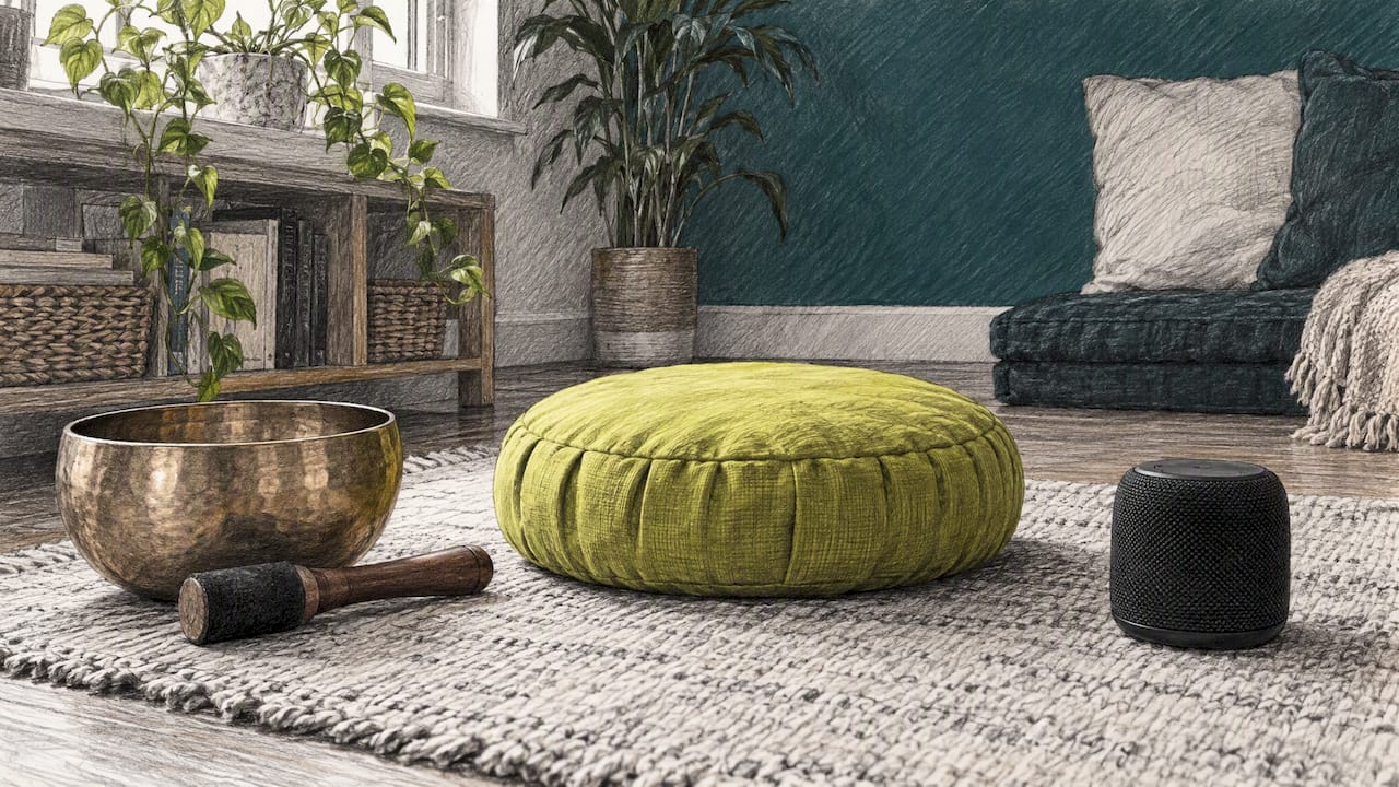 Singing bowl and speaker beside meditation cushion
