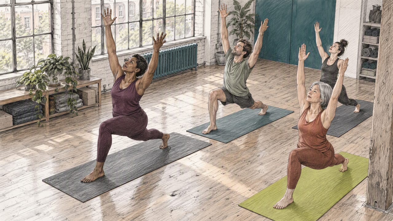 Yoga teacher guiding a class through a pose transition